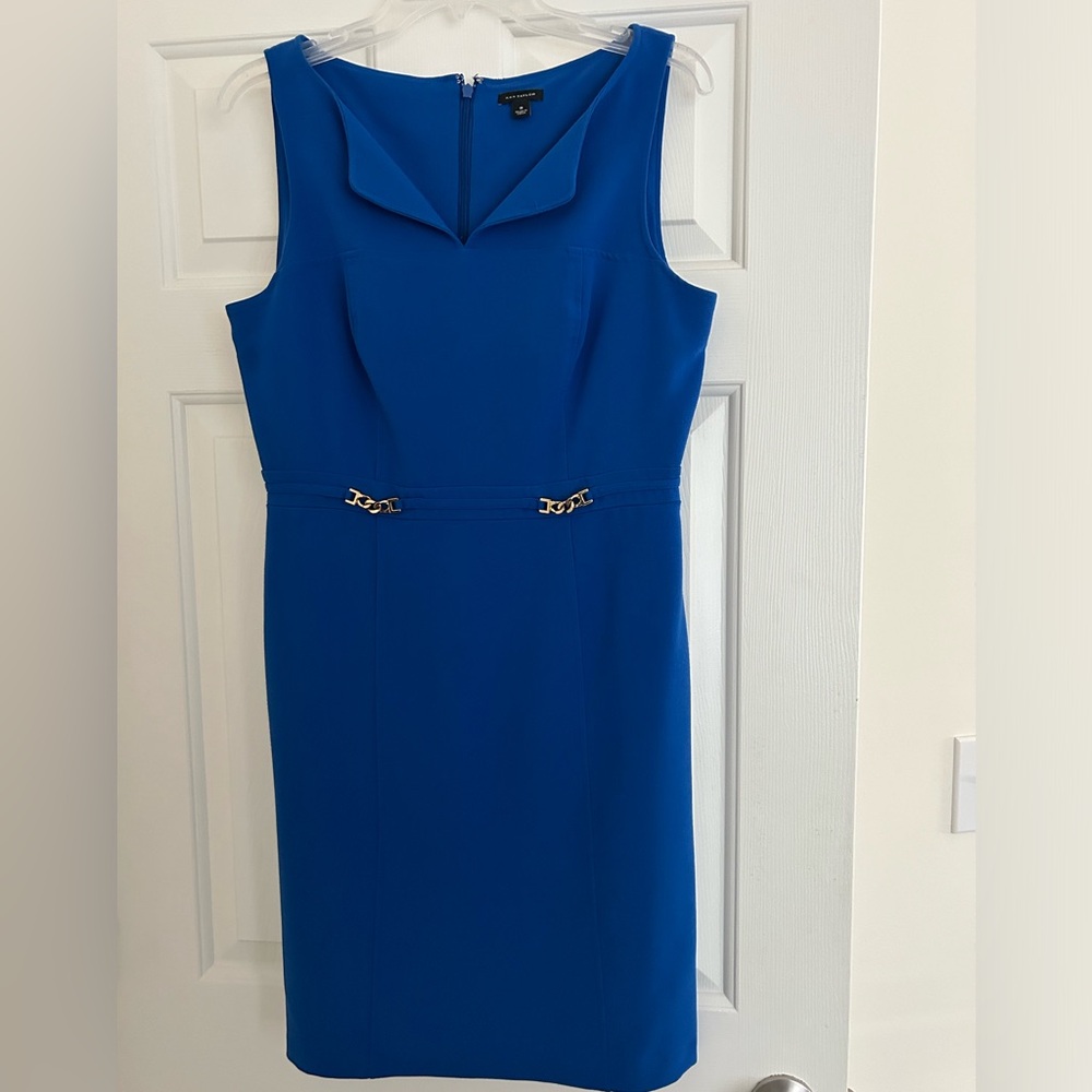 Ann Taylor blue sheet dress with gold detail, size 8